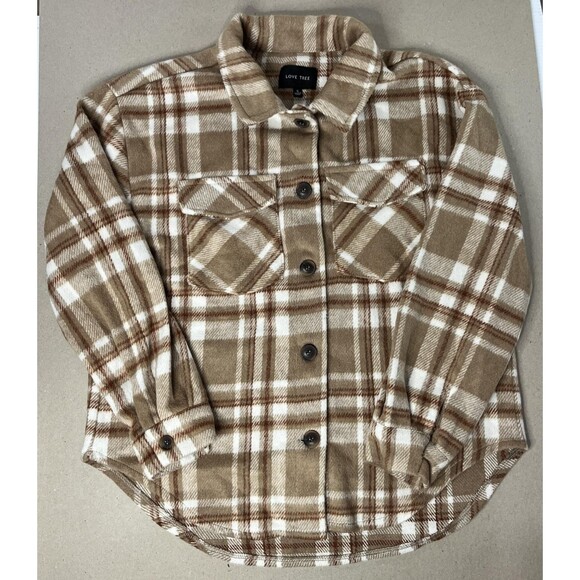 Love Tree Jacket Womens Small Tan Brown White Plaid Overshirt Shacket Fleece - Picture 1 of 11